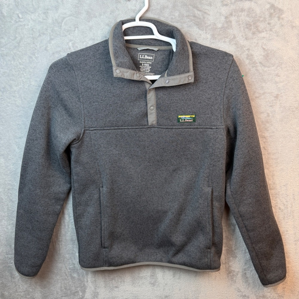LL Bean Sweater Fleece Pullover Mens Small Gray 298050 Snap Neck Preppy Hiking